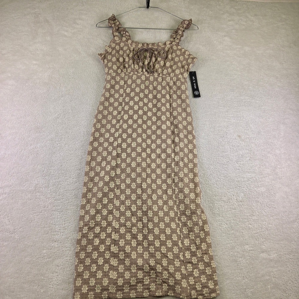 As U Wish Womens Floral Popcorn Textured Midi Dress Taupe Cream Size L NWT